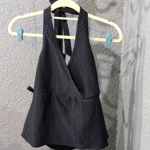 Elegant Black Halter Bathing Suit Top And Matching Skirt Style Bottoms